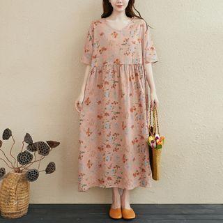 Floral Short-sleeve Midi A-line Dress Pink - One Size