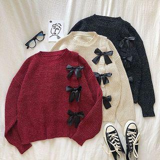 Plain Crewneck Lace-up Long-sleeve Sweater