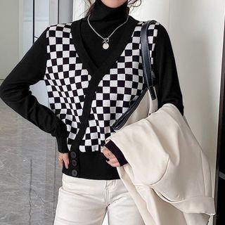 Mock Two-piece Checker Print Knit Top