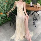 Spaghetti Strap Frill Trim Slit Maxi A-line Dress