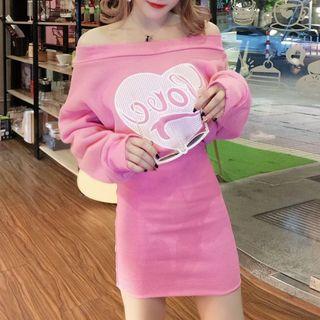 Heart Print Off Shoulder Pullover Dress