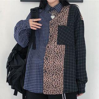 Long-sleeve Leopard Print Paneled Checker Shirt As Shown In Figure - One Size