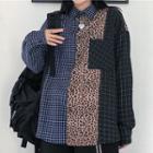 Long-sleeve Leopard Print Paneled Checker Shirt As Shown In Figure - One Size