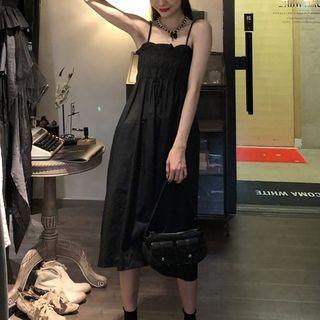 Spaghetti Strap Frill Trim Midi A-line Dress Black - One Size
