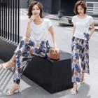 Set: Side Tie Short-sleeve T-shirt + Leaf Print Wide-leg Pants