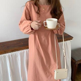 Tie Waist Long-sleeve A-line Dress Pink - One Size