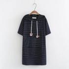 Bear Embroidered Striped Short Sleeve Hoodie Dress