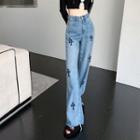 Mid Rise Cross Pattern Loose Fit Jeans