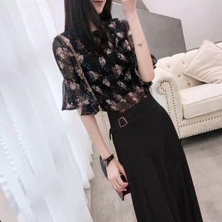 Set: Floral Short-sleeve Blouse + High Waist Wide-leg Pants