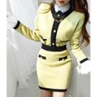 Set: Contrast-trim Cardigan + Mini Skirt