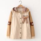 Hooded Bear Embroidered Button Jacket Khaki - One Size