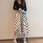 Set: Long-sleeve Buttoned Top + Polka Dot A-line Midi Skirt