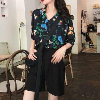 Short-sleeve Butterfly Print Shirt / High-waist Shorts