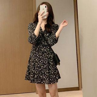 Plain Single-breasted Blazer / Long-sleeve Flower Print Mini A-line Dress