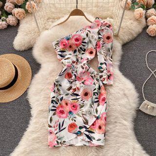 Diagonal Shoulder Flower Print Slit Dress