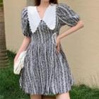Short-sleeve Contrast Collar Print A-line Dress Stripe - Black - One Size
