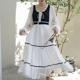 Lace Trim Two-tone Midi A-line Dress