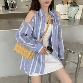 Striped Off-shoulder Long-sleeve Loose-fit Shirt / Plain Sleeveless Dress