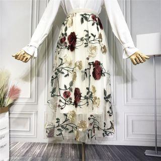 Floral Embroidered Mesh Midi A-line Skirt