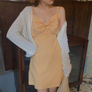 Spaghetti Strap Checked A-line Mini Dress / Cropped Cardigan