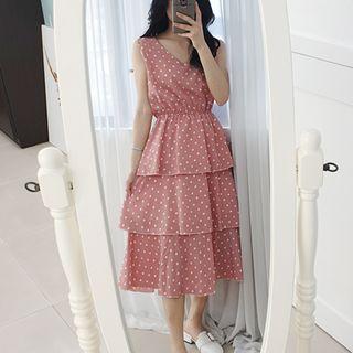 Petite Size Sleeveless Polka-dot Midi Layered Dress