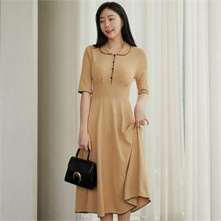 Half-placket Contrast-trim A-line Dress