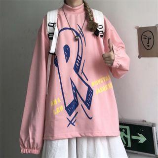 Lettering Gather-cuff Mock Neck Pullover