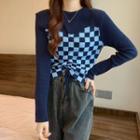 Long-sleeve Mock Two-piece Drawstring Check Slim-fit Top