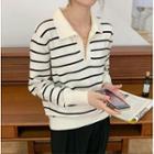 Long-sleeve V-neck Striped Knit T-shirt