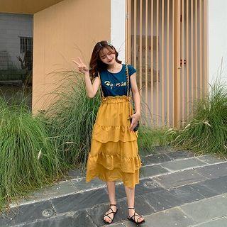 Lettering Cap-sleeve T-shirt / Midi Suspender Dress