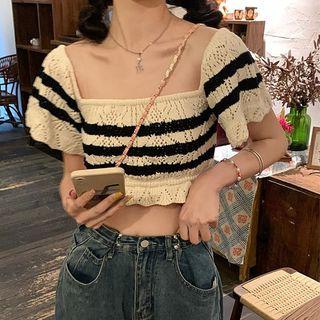 Striped Ruffle Trim Cropped Knit Top Stripe - One Size