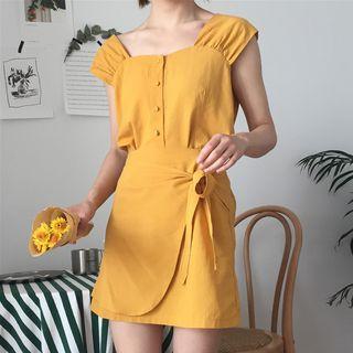 Set: Sleeveless Buttoned Top + Tie-waist Skirt