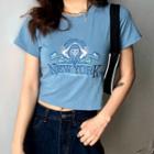 Short-sleeve Letter Embroidered T-shirt Blue - One Size