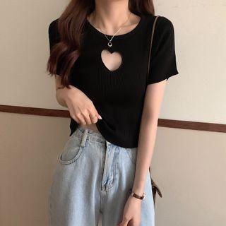 Short-sleeve Heart Cutout Knit Crop Top
