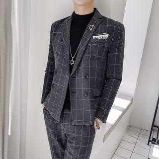 Suit Set: Double-breasted Check Blazer + Dress Pants