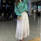 Set: Plain Sweater + Dotted Midi A-line Pleated Skirt As Shown In Figure - One Size