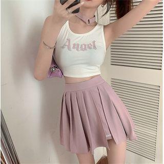 Rhinestone Lettering Cropped Tank Top / Choker / Skort / Set