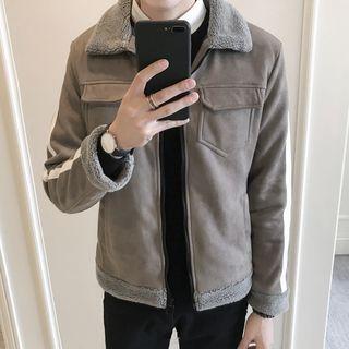 Fleece Collar Striped Trim Zip Jacket