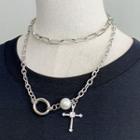 Cross Rhinestone Faux Pearl Alloy Layered Choker Necklace Silver - One Size