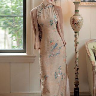 Sleeveless Floral Midi Qipao / Cardigan
