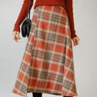 Wrap-front Flared Long Plaid Skirt