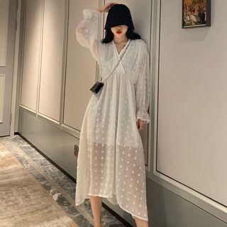 V-neck Sheer Mesh Dotted Long Dress