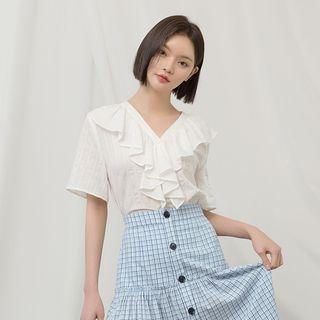 V-neck Frill-collar Blouse White - One Size