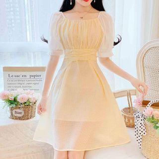 Off-shoulder Elbow-sleeve A-line Chiffon Dress