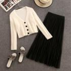 Set: Plain V-neck Cardigan + Mesh Midi A-line Skirt Set - White - One Size
