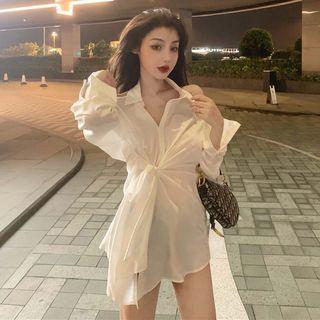 Long-sleeve Cutout-back Front-knot Shirt Dress