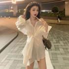 Long-sleeve Cutout-back Front-knot Shirt Dress