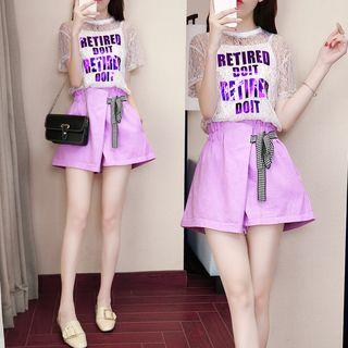 Set: Crew-neck Short-sleeve T-shirt + High Waist A-line Skirt / Set: Lace Short-sleeve Top + Plain Camisole Top + High Waist Shorts
