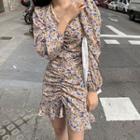 Floral Print Long-sleeve Mini A-line Dress As Shown In Figure - One Size