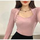 Long-sleeve Plain Mock Two-piece Slim-fit Top